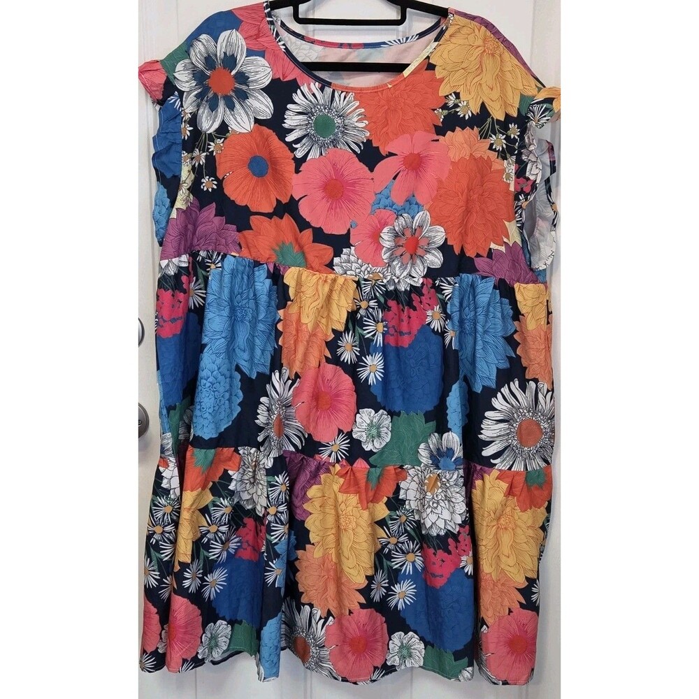 Shein Curve Blue Multicolored Floral Flutter Sleeve Dress Women’s - Size 3XL